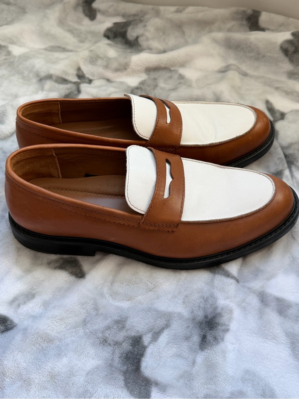 Express Two-Tone Brown and White Penny Loafers